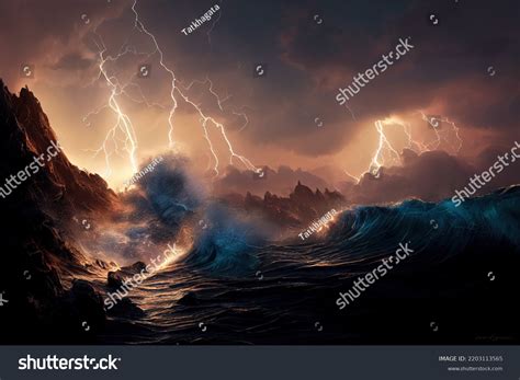 Bright Lightning Raging Sea Strong Storm Stock Illustration 2203113565 ...