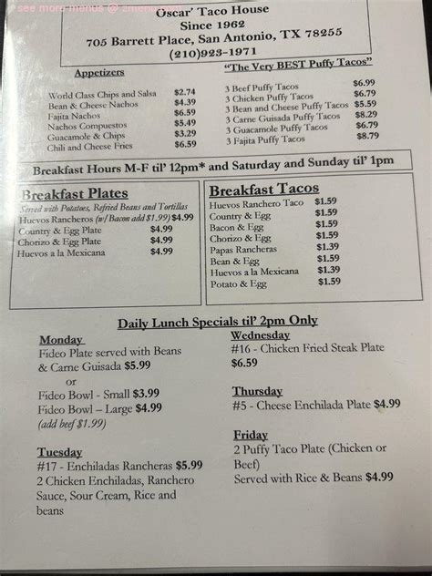 Menu at Oscar's Taco House restaurant, San Antonio, 705 Barrett Pl