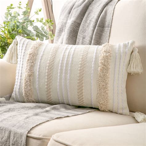 Phantoscope Boho Woven Tufted with Tassel Series Decorative Throw Pillow, 12" x 20", Cream White ...