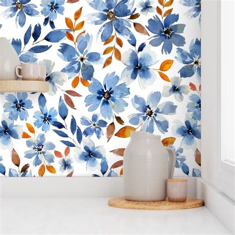 Wallpaper Blue Watercolor Floral Wallpaper | Spoonflower