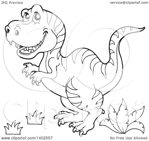 Clipart of a Black and White Lineart Tyrannosaurus Rex Dinosaur - Royalty Free Vector ...