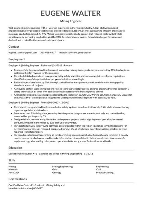 Mining Engineer Resume (CV) Example and Writing Guide