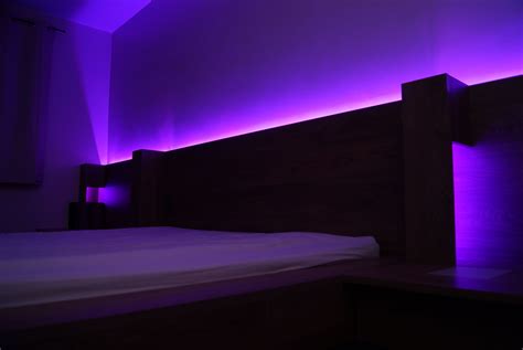 Bed with built in colour changing LED lighting into full length headboard | Colored led lights ...
