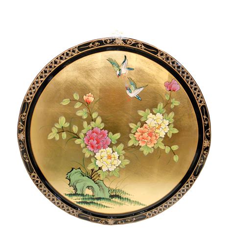 Asian Wall Art in Black and Gold Lacquer with Cranes 30''Round - Oriental Furniture Warehouse ...