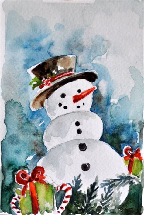 ORIGINAL Watercolor Painting Snowman Christmas Card Holiday