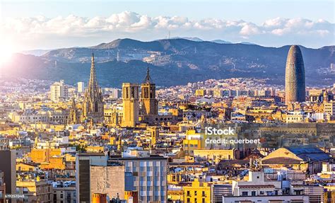 Skyline Barcelona At Sunset Stock Photo - Download Image Now ...