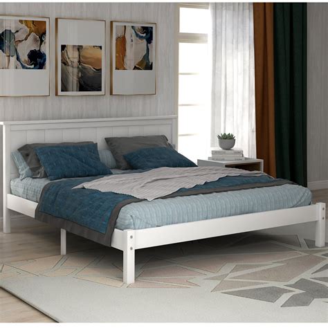 White Queen Bed Frame, Modern Wood Platform Bed Frame with Headboard, Heavy Duty Queen Bed ...