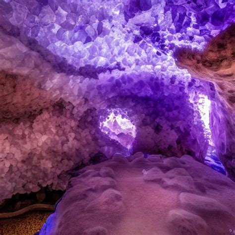 photo inside an amethyst cave with a hotspring, highly | Stable Diffusion