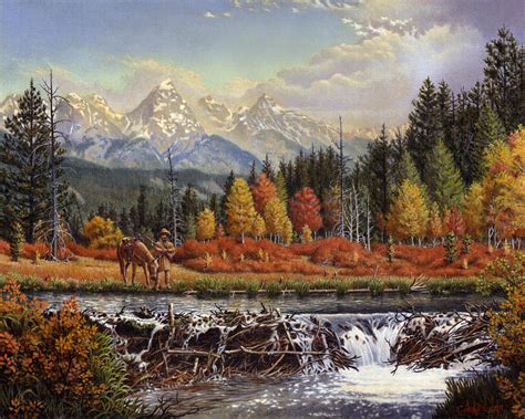 Western Mountain Landscape Autumn Mountain Man Trapper Beaver Dam Frontier Americana Oil ...