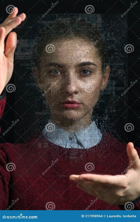 Girl Standing and Looking at the Hologram Glass Stock Photo - Image of ...