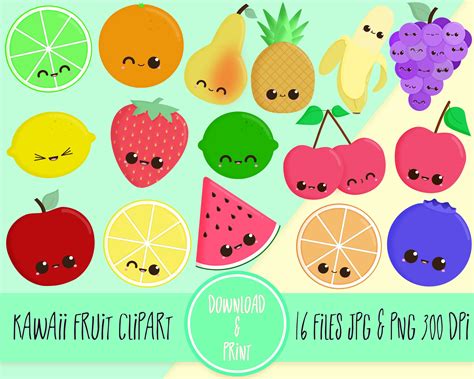 Fruit Clipart Kawaii Fruit 16 Jpgs & Pngs 300DPI Cute Fruit - Etsy ...