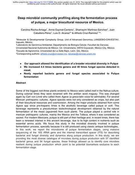 Deep Microbial Community Profiling Along the Fermentation Process of Pulque, a Major Biocultural ...