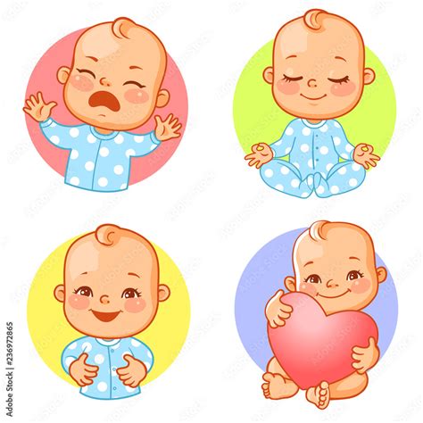 Set of baby stickers, smiley, emoji. Baby cry, shout, smile, mediatate ...