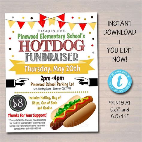 EDITABLE Hotdog Fundraiser Flyer, Printable PTA, PTO, School Church ...