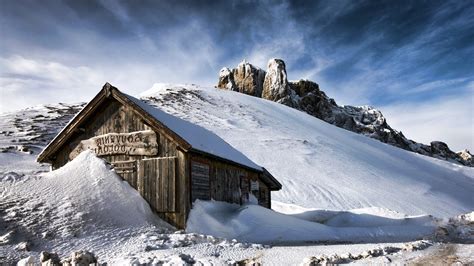 nature, Landscape, Winter, Snow, Wood, House, Mountain, Hill, Clouds, Dolomites (mountains ...