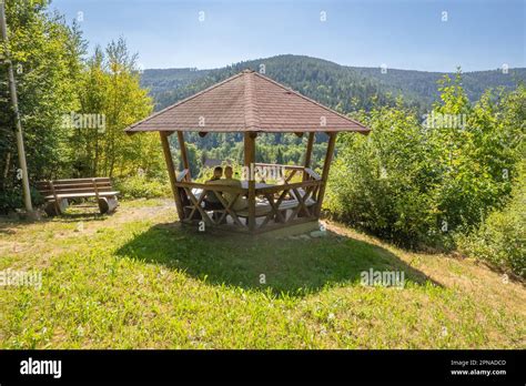 Couple cuddling in wooden pavilion on the hiking trail Sprollenhaeuser Hut, Bad Wildbad, Black ...