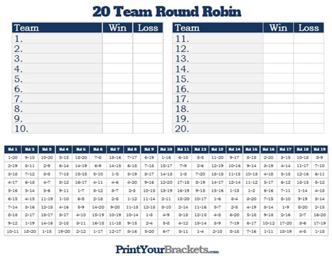 20 Team Round Robin Printable Tournament Bracket