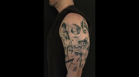 Nic Westfall skull, skull tattoo, clock tattoo, realism, trash