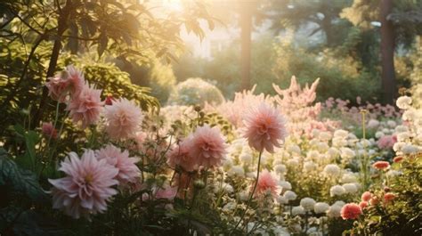 Premium Photo | A photo of a garden with blooming flowers lush greenery