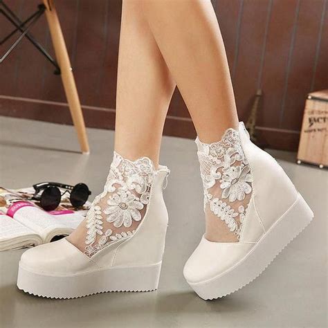 Today Only! Women's White Lace Round Toe Platform Wedge Heels Shoes # ...