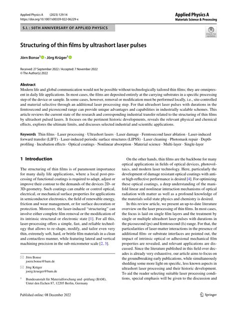 (PDF) Structuring of thin films by ultrashort laser pulses