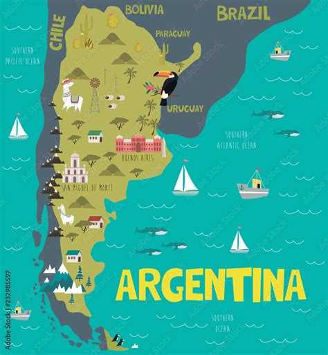 Illustration map of Argentina with nature, animals and landmarks. Editable Vector illustration ...
