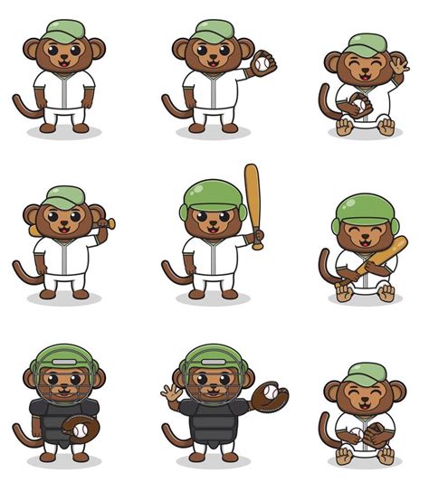 Vector Illustration of Cute Monkey with Baseball costume. Set of cute ...