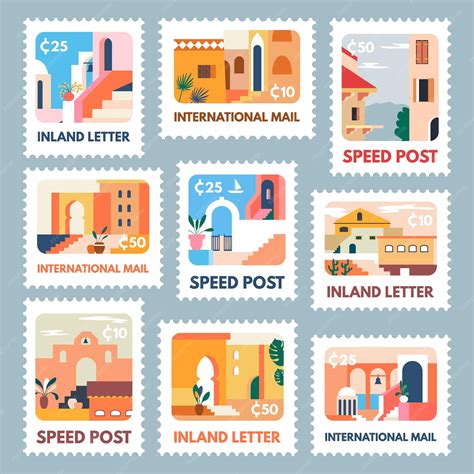 Premium Vector | Postage stamp design set with colorful landmark