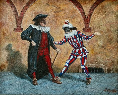 ROMANTIC ACRYLIC PAINTING, Italian Commedia Dell'arte, Pantalone and Arlecchino, Fine Framed Art ...