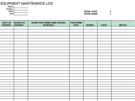 Printable Equipment Maintenance Log Template Excel