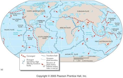 Map showing the major tectonic plates, plate boundaries, and direction of plate movement ...