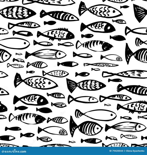 Hand Drawn Seamless Pattern with Doodle Fishes. Ink Illustration Stock Vector - Illustration of ...