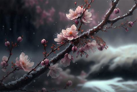 Premium Photo | Beautiful branch of cherry blossoms, dark mood