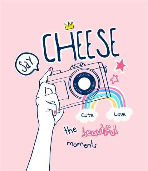 say cheese slogan with hand holding camera cartoon illustration with ...