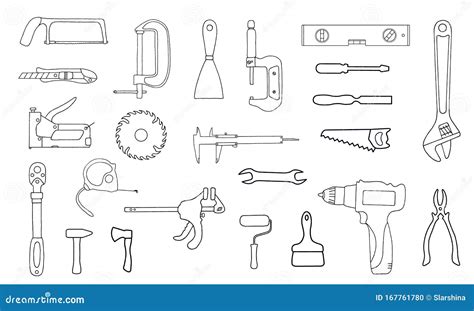 Set of Simple Icons of Tools Drawing with Black Lines on White Background. Measure Vector ...