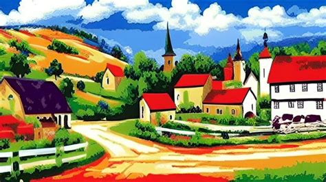 Premium AI Image | A painting of a village with a road and trees in the background.