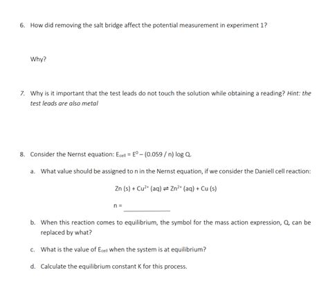 Solved 6. How did removing the salt bridge affect the | Chegg.com