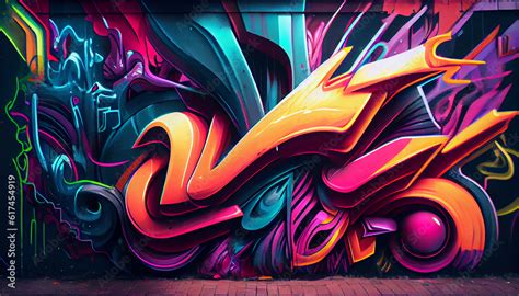 Dynamic fresco of graffiti street art, featuring vibrant neon hues and a bold, energetic ...