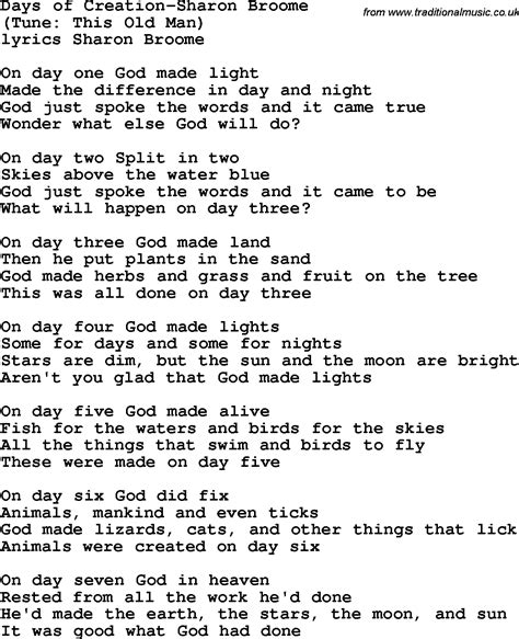 Christian Childrens Song: Days Of Creation-Sharon Broome Lyrics