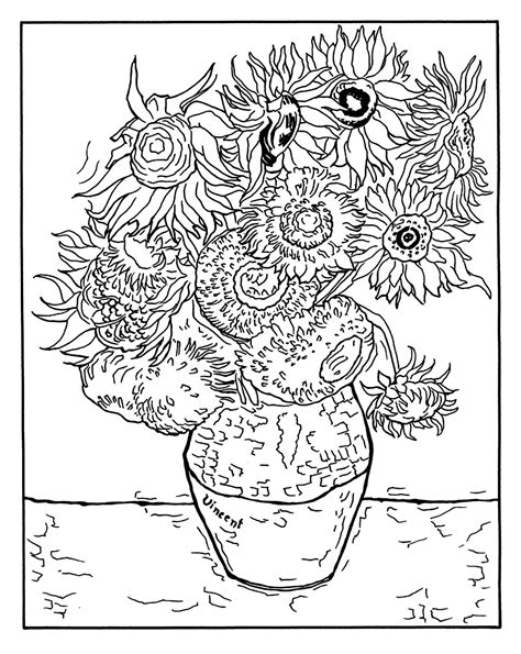 Vase with Twelve Sunflowers - Masterpieces Adult Coloring Pages - Page 2