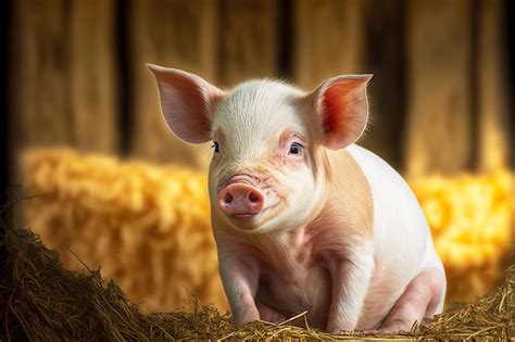 Premium Photo | Little fat pig baby sitting on hay at pig farm