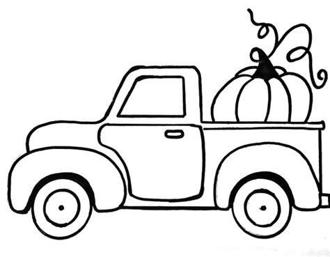 a black and white drawing of a truck with pumpkins