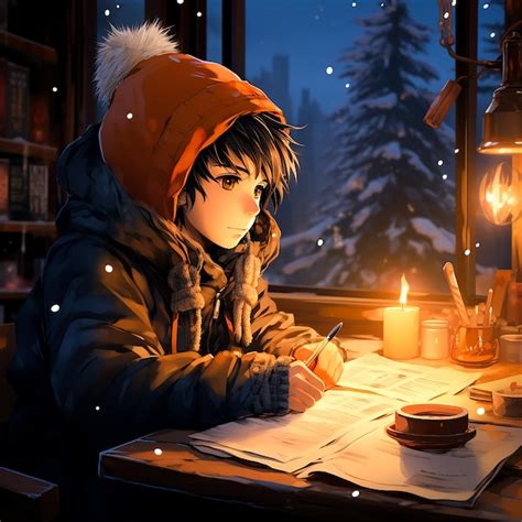 Premium Photo | Cartoon lofi young manga style boy studying while ...