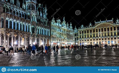 Night Shot of Illuminated Facades on the Grand Place or Square Also ...