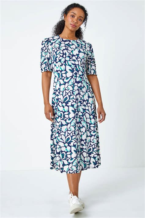 Navy Petite Floral Stretch Midi Dress | Petite UK