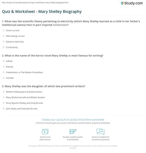 Quiz & Worksheet - Mary Shelley Biography | Study.com