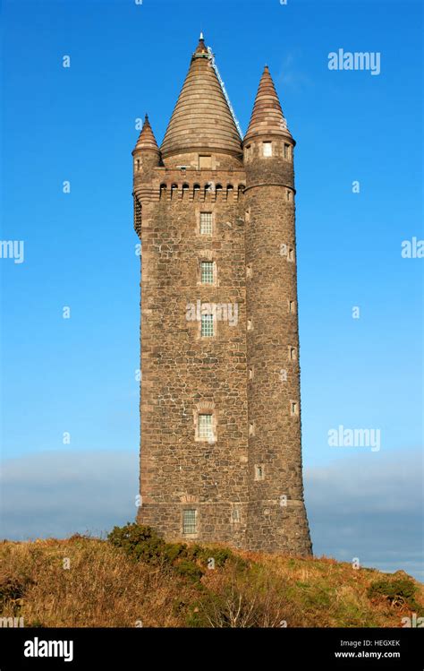 The large turreted Scrabo Tower on Scrabo Hill overlooking Newtownards, County Down. Built from ...