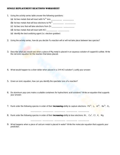 Single Replacement Reactions Worksheet Worksheet