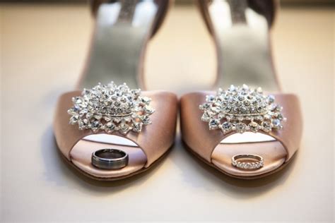 Satin blush pink wedding heels with crystal brooches