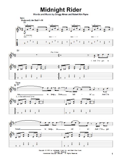 Midnight Rider by Allman Brothers Band Sheet Music for Guitar Tab (Single Guitar) at Sheet Music ...